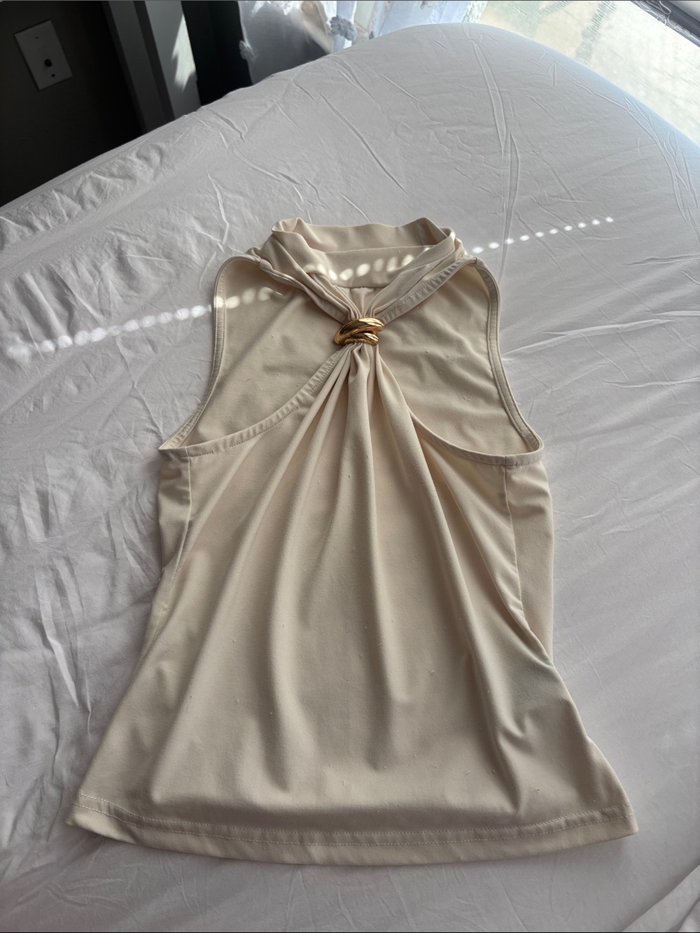 Sleeveless Cream Halter Tank with Gold Ring Accent